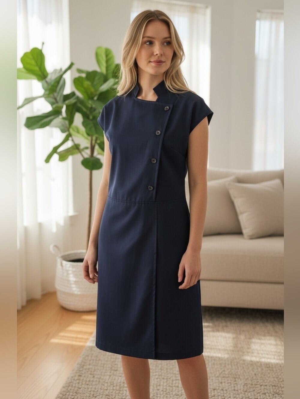 Louis Feraud Navy Cap-Sleeve Asymmetric Button Midi Dress